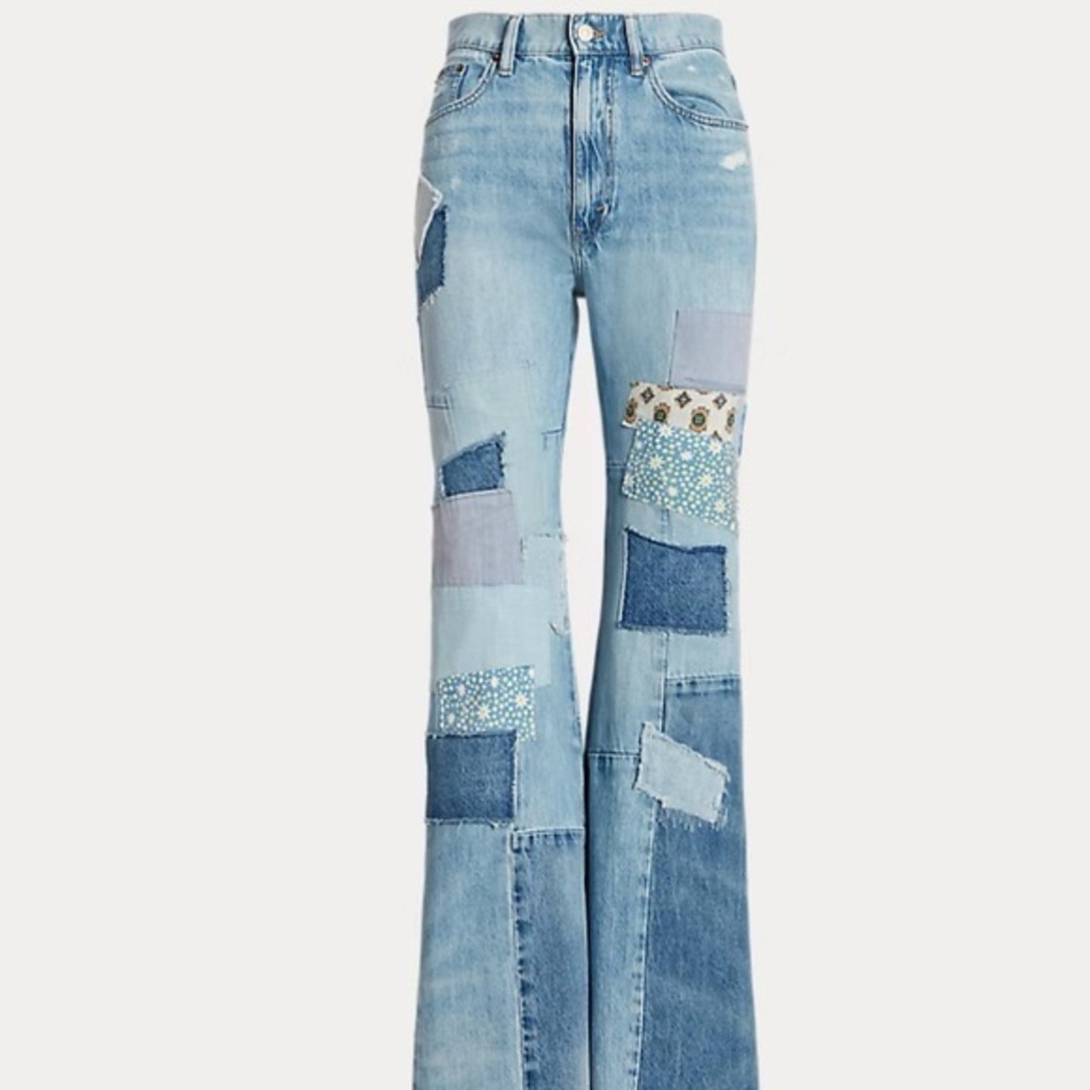 **hard to find**Polo by Ralph Lauren Light Blue Patchwork High-Rise Flared Jeans